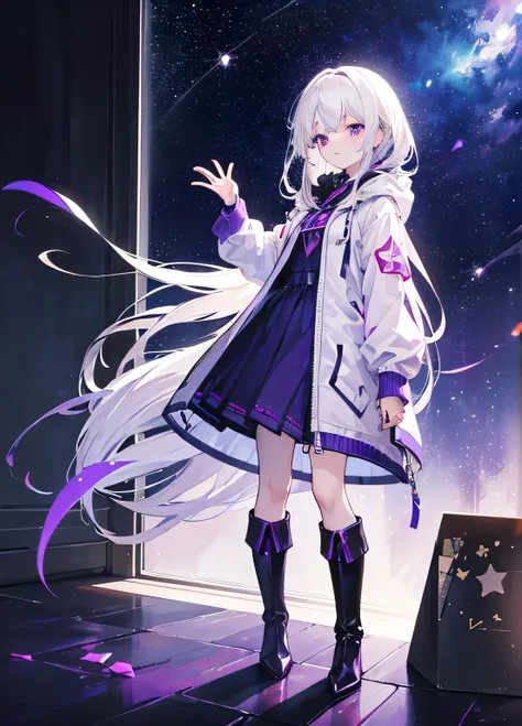 （tmasterpiece,best qualtiy,style of anime,Sense of atmosphere，higher details，CG Rendering，standing painting，Ray traching，sci-fy，An AI，awardwinning，Divine Skylight，Exquisite facial features)(white color hair，Long whit hair，Hair straightening，Purple pupils，P...