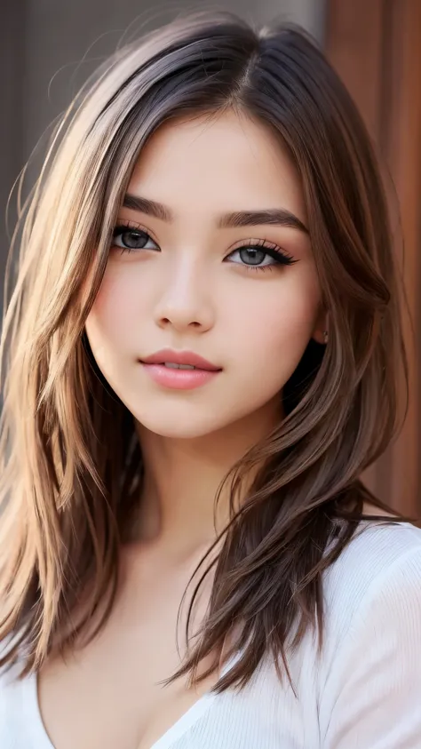 beautiful girl, brown eyes, beautiful slim 18 year old girl, hair color [Brown highlights hair], [undercut pixie] hair, short hair lips, realistic, narrow waist, charming, pink lipstick, colorful makeup, long eyelashes, fair skin, (cute), (detailed face), ...