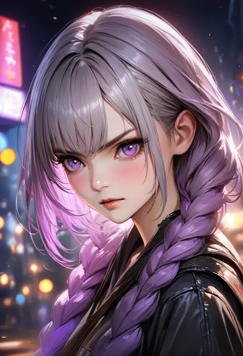 (best quality,4k,8k,highres,masterpiece:1.2),ultra-detailed,realistic:1.37, HDR,UHD,studio lighting,ultra-fine painting,sharp focus,physically-based rendering,extreme detail description,professional,vivid colors,bokeh,Night view, yinji , 1 Girl, purple hai...