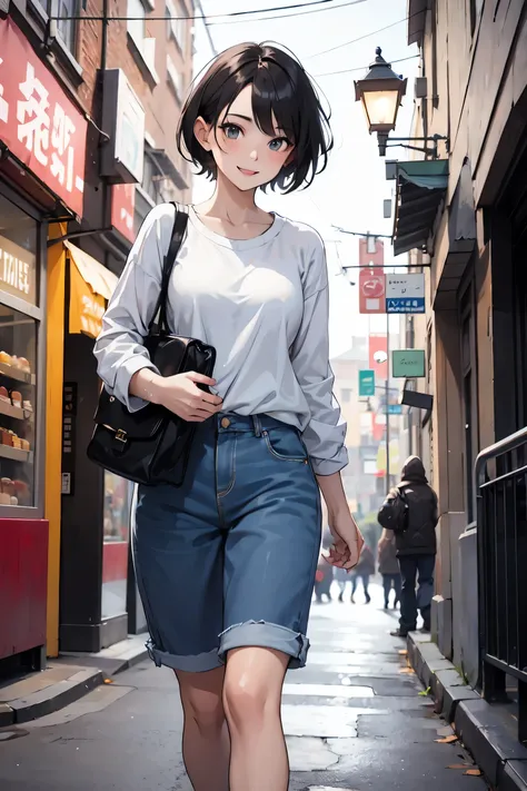 beautiful female short hair ,casual ,street ,happy