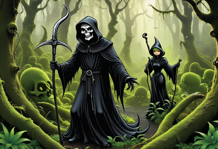 aesthetics of vector graphics, surreal image of the scary and gloomy black grim reaper standing in the middle of a dense mossy f...