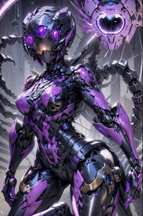 A female transformer. mechanical body. Three luminous eyes. she with a scorpion tail. Helmet liked face. Image colors of black and purple. Metallic luster. full body image. sexy.