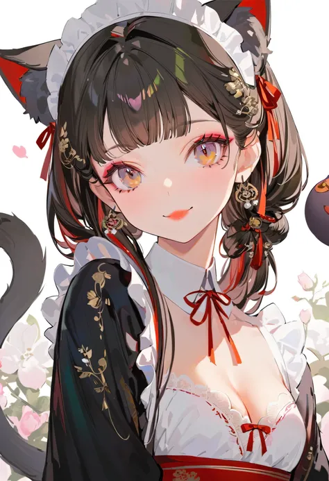 (neko maid:1.5),(best quality,ultra-detailed,highres:1.2),beautiful girl with flawless face,very_long eyelashes, detailed lips, radiant smile, soft skin, glossy hair,vibrant background, natural lighting,The cutest girl in the world,Exquisite makeup,Double ...