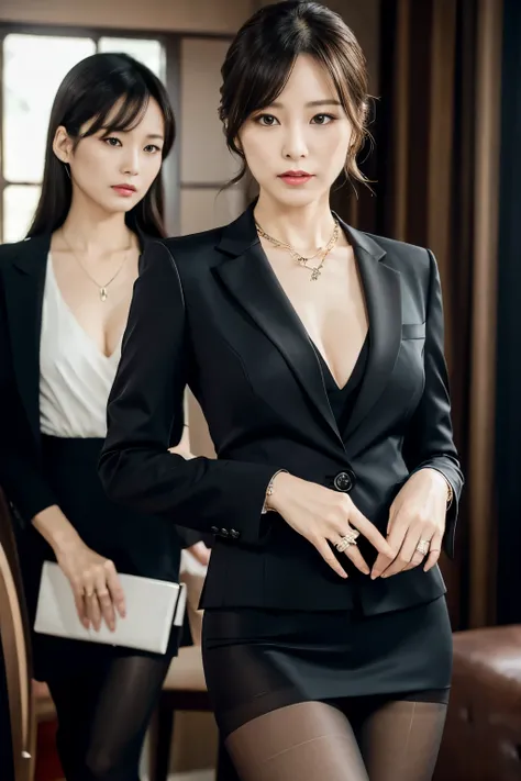 60yo women.pantyhose,ring.neckless,realistic,(ultra quality:1.2),japanese,high quality,masterpiece,(ultra detailed:1.4), two women attending funeral, wearing black v-neck skirt suit, above , (slight bra visible at bosom:0.7),((real background)),slender,liv...