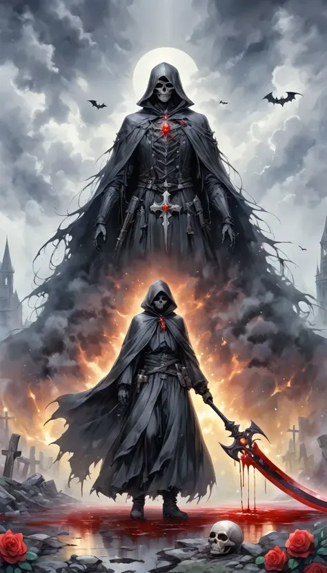(Messenger from Hell:1.4),Grim Reaper with a giant scythe,Viewpoint from below,Dark Hell,magma,flame,(Purple flame:1.3),There is fresh Blood on the ground,Blood pool,dripping Blood,Dark Gothic Aesthetics,bat、Rose、dark castle、cross、Blood、Churchyard, etc...,...