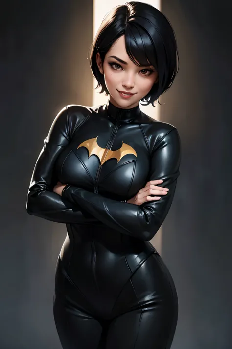 Batgirl, brown eyes, short black hair, asian, smiling, dark background, black suit with white accent, 