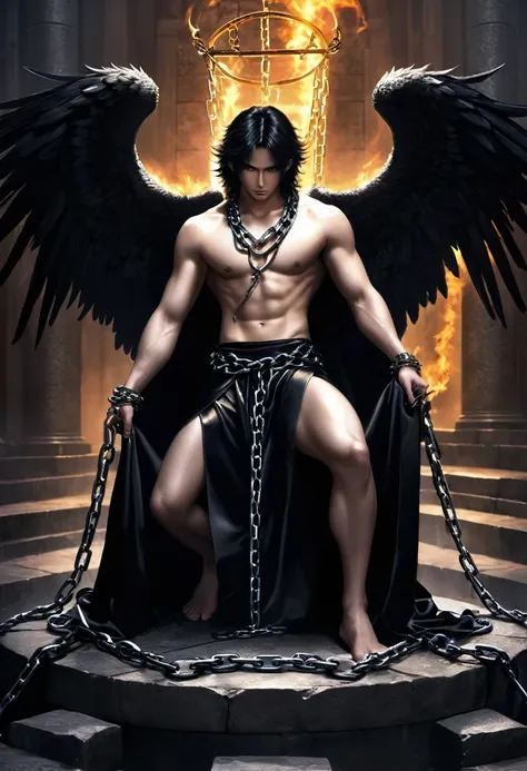 imprisoned lucifer fallen angel，powerful fallen angel，prisoners of wearing chains,a magnificent figure in darkness and chains。hi...