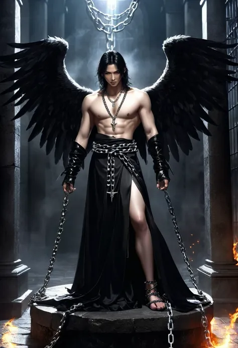 imprisoned lucifer fallen angel，powerful fallen angel，prisoners of wearing chains,a magnificent figure in darkness and chains。hi...