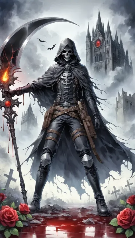 (Messenger from hell:1.4),Grim Reaper with a giant scythe,Viewpoint from below,hell,magma,flame,(Purple flame:1.3),There is fresh Blood on the ground,Blood pool,dripping Blood,Gothic aesthetics,bat、Rose、castle、cross、Blood、Churchyard, etc...,These elements ...