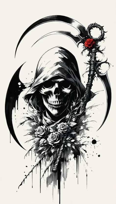 (Anime line drawing:1.5),grim Reaper,(Black and White:1.45),Minimalism,(Line Art:1.6),sketch,charcoal drawing,Black Grim Reaper,Rose,Ominous Red,Blood splatter,sickle
