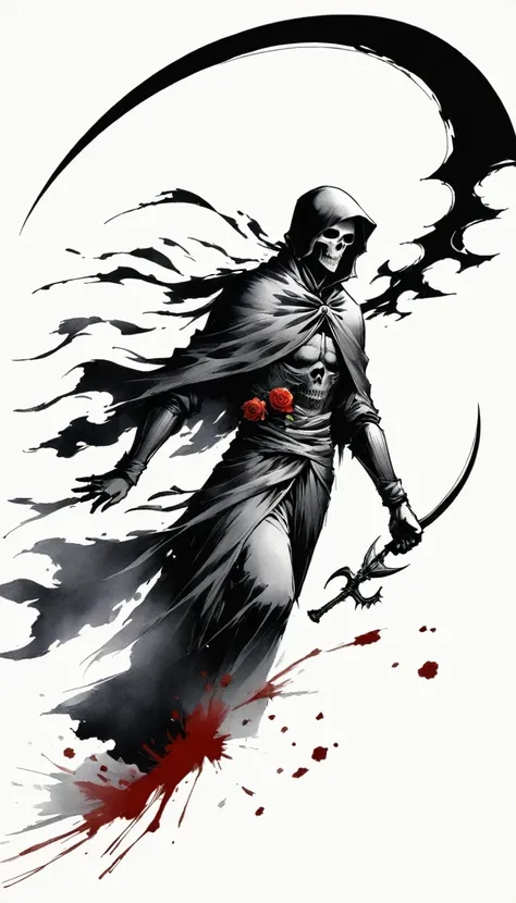 (Anime line drawing:1.5),grim Reaper,(Black and White:1.45),Minimalism,(Line Art:1.6),sketch,charcoal drawing,Black Grim Reaper,Rose,Ominous Red,Blood splatter,sickle