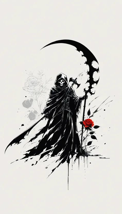 (Anime line drawing:1.5),grim Reaper,(Black and White:1.45),Minimalism,(Line Art:1.6),sketch,charcoal drawing,Black Grim Reaper,Rose,Ominous Red,Blood splatter,sickle