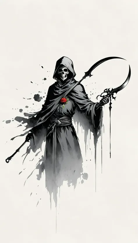 (Anime line drawing:1.5),grim Reaper,(Black and White:1.45),Minimalism,(Line Art:1.6),sketch,charcoal drawing,Black Grim Reaper,Rose,Ominous Red,Blood splatter,sickle