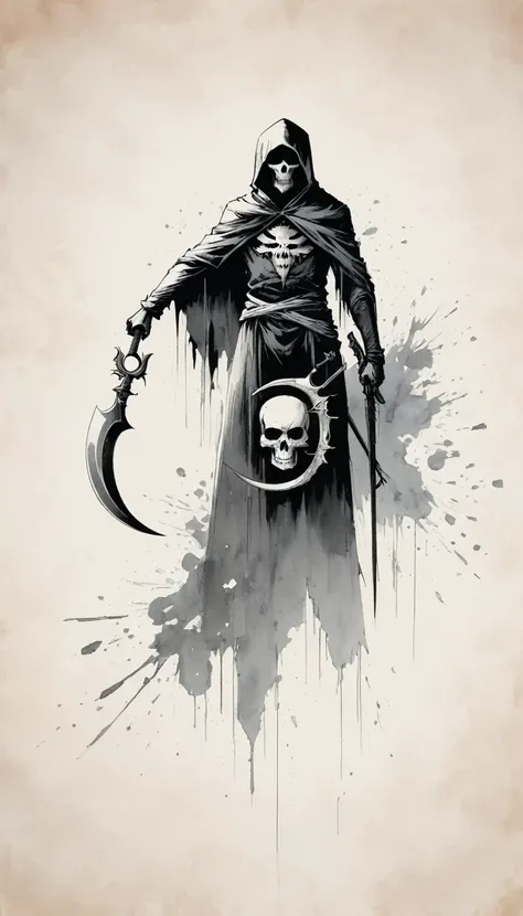 (Anime line drawing:1.5),grim Reaper,(Black and White:1.45),Minimalism,(Line Art:1.6),sketch,charcoal drawing,Black Grim Reaper,Rose,Ominous Red,Blood splatter,sickle