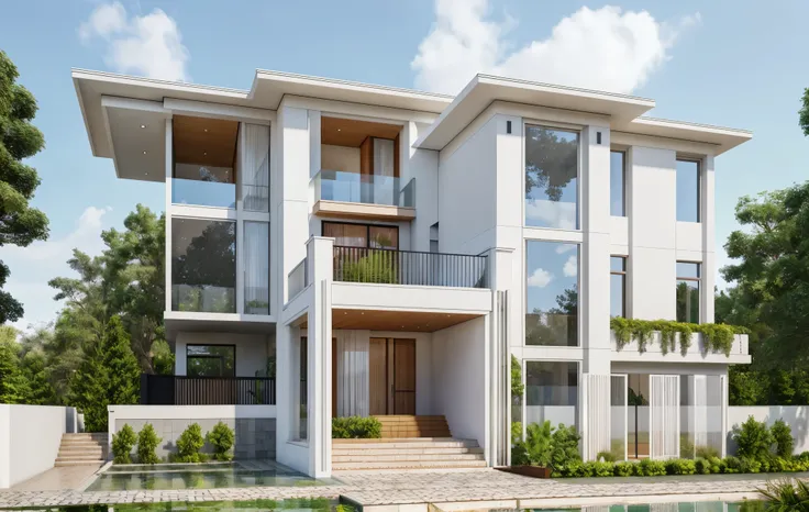 RAW photo, Masterpiece, high quality, best quality, realistic, super detailed, exterior, outdoor, garden house style with white walls, glass doors, wooden ceiling, decorative tiles, fence gate , trees, lakes, roads, beautiful summer sky, UHD 8K