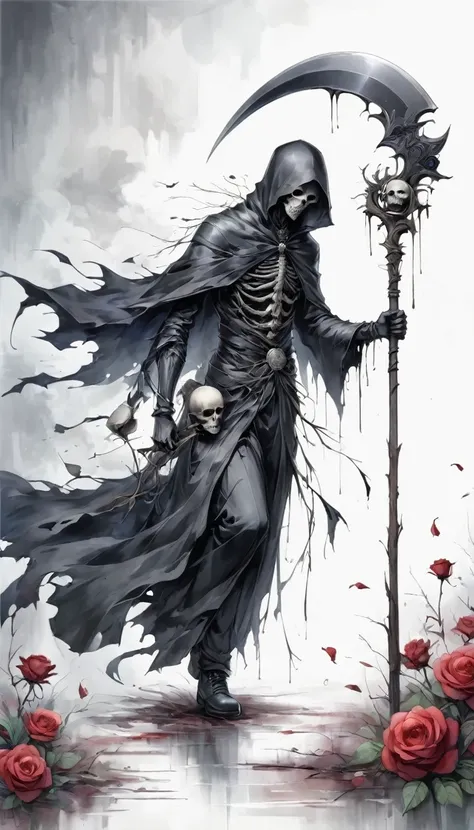 Grim Reaper holding a scythe,Gloomy eyes, Heqiang,Wilted roses,Withered Death,Simplicity,abstract,Gothic,Dark
