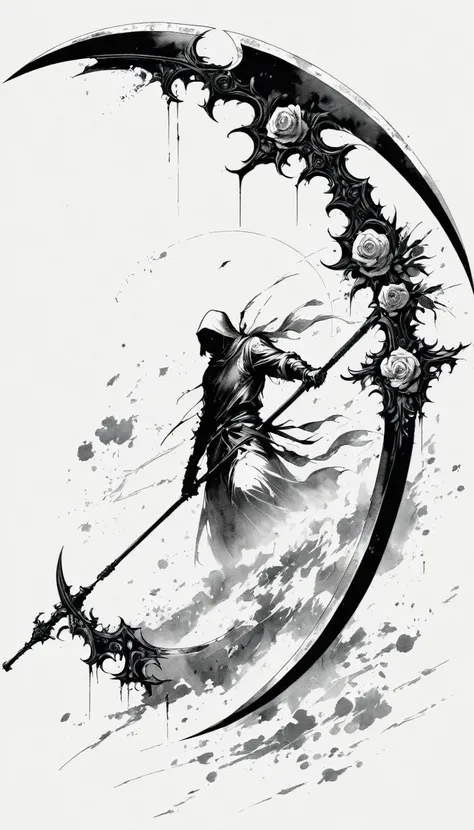 (Anime line drawing:1.5)，Scythe of Death，(Black and White:1.45)，Minimalism，(Line Art:1.6)，sketch，charcoal drawing，Black Reaper，Rose，Ominous Red，Blood splatter