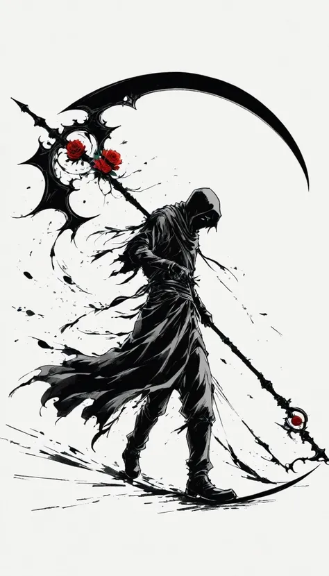 (Anime line drawing:1.5),Scythe of Death,(Black and White:1.45),Minimalism,(Line Art:1.6),sketch,charcoal drawing,Black Reaper,Rose,Ominous Red,Blood splatter