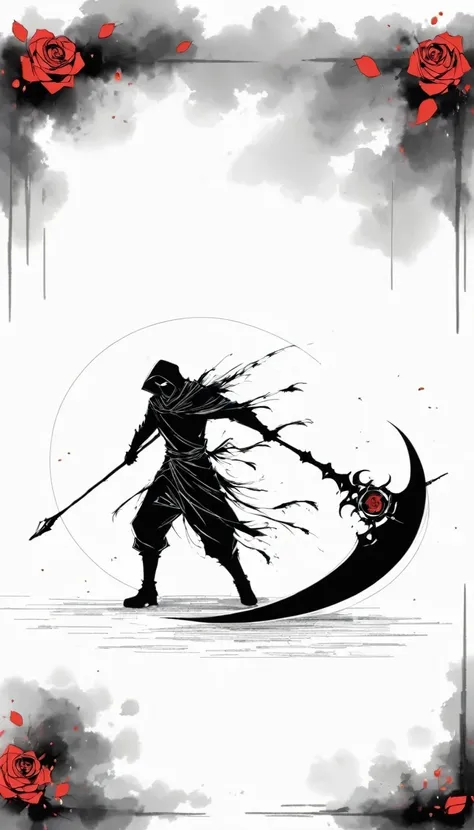 (Anime line drawing:1.5),Scythe of Death,(Black and White:1.45),Minimalism,(Line Art:1.6),sketch,charcoal drawing,Black Reaper,Rose,Ominous Red,Blood splatter