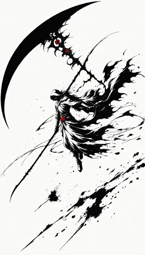 (Anime line drawing:1.5),Scythe of Death,(Black and White:1.45),Minimalism,(Line Art:1.6),sketch,charcoal drawing,Black Reaper,Rose,Ominous Red,Blood splatter