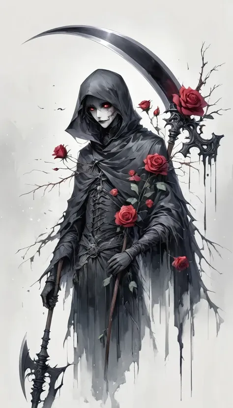 Grim Reaper holding a scythe,Gloomy eyes, Heqiang,Wilted roses,Withered Death,Simplicity,abstract,Gothic,Dark