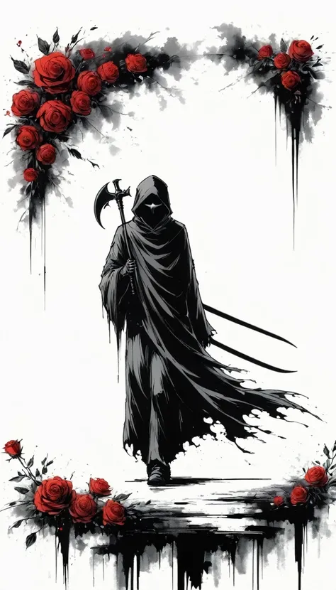 (Anime line drawing:1.5),grim Reaper,(Black and White:1.45),Minimalism,(Line Art:1.6),sketch,charcoal drawing,Black Grim Reaper,Rose,Ominous Red,Blood splatter