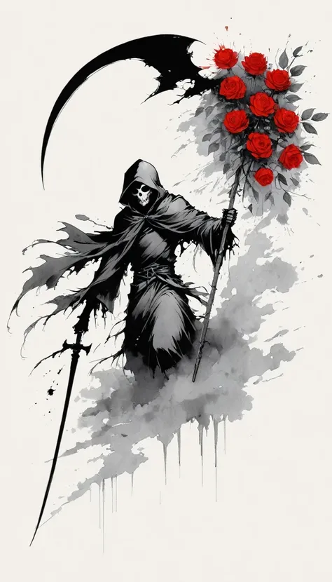 (Anime line drawing:1.5),grim Reaper,(Black and White:1.45),Minimalism,(Line Art:1.6),sketch,charcoal drawing,Black Grim Reaper,Rose,Ominous Red,Blood splatter