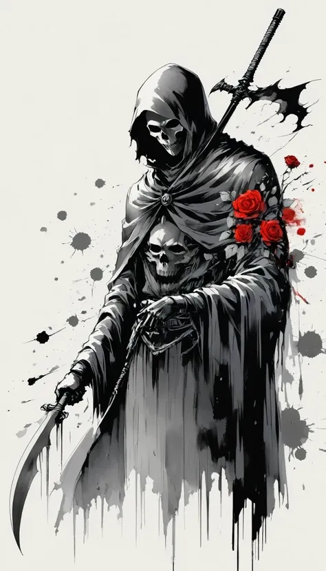 (Anime line drawing:1.5),grim Reaper,(Black and White:1.45),Minimalism,(Line Art:1.6),sketch,charcoal drawing,Black Grim Reaper,Rose,Ominous Red,Blood splatter