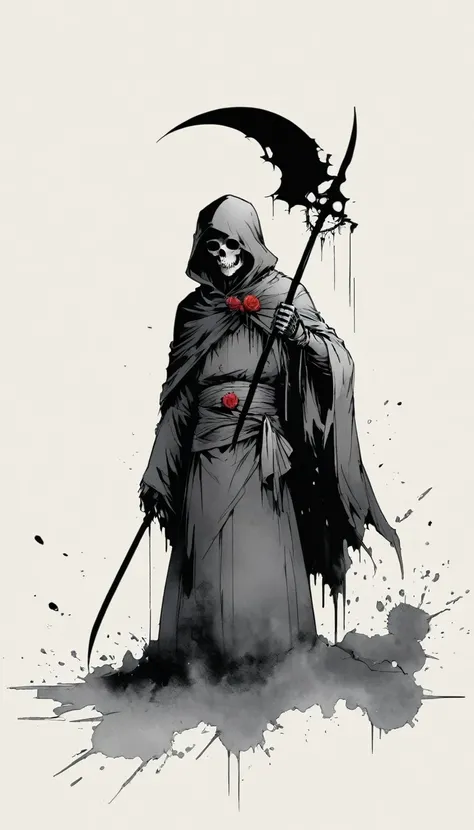 (Anime line drawing:1.5),grim Reaper,(Black and White:1.45),Minimalism,(Line Art:1.6),sketch,charcoal drawing,Black Grim Reaper,Rose,Ominous Red,Blood splatter