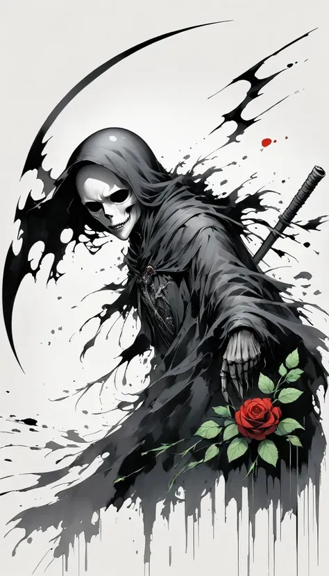 (Anime line drawing:1.5),grim Reaper,(Black and White:1.45),Minimalism,(Line Art:1.6),sketch,charcoal drawing,Black Grim Reaper,Rose,Ominous Red,Blood splatter