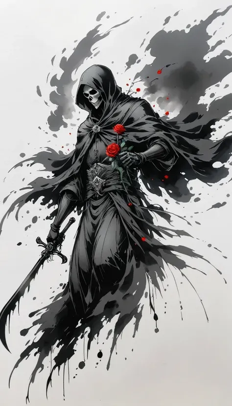 (Anime line drawing:1.5),grim Reaper,(Black and White:1.45),Minimalism,(Line Art:1.6),sketch,charcoal drawing,Black Grim Reaper,Rose,Ominous Red,Blood splatter