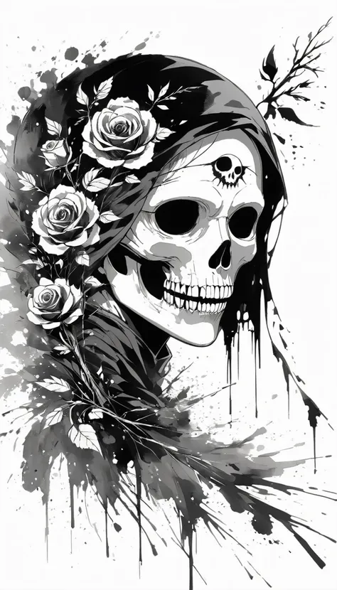 (Anime line drawing:1.5),grim Reaper,(Black and White:1.45),Minimalism,(Line Art:1.6),sketch,charcoal drawing,Black Grim Reaper,Rose,Ominous Red,Blood splatter
