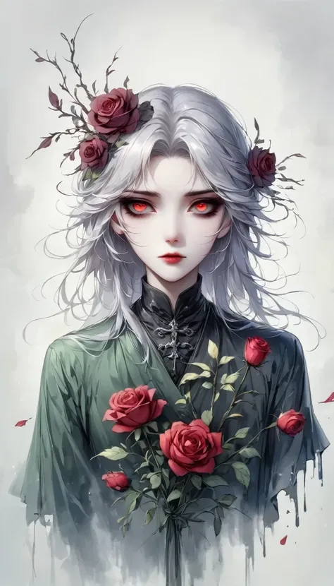 The Grim Reaper holding Wilted roses,Gloomy eyes, Heqiang,Wilted roses,Wilted flowers