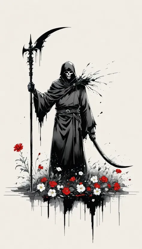 (Anime line drawing:1.5),grim Reaper,(Black and White:1.45),Minimalism,(Line Art:1.6),sketch,charcoal drawing,Black Grim Reaper,flower,Ominous Red,Blood splatter