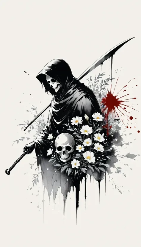 (Anime line drawing:1.5),grim Reaper,(Black and White:1.45),Minimalism,(Line Art:1.6),sketch,charcoal drawing,Black Grim Reaper,flower,Ominous Red,Blood splatter
