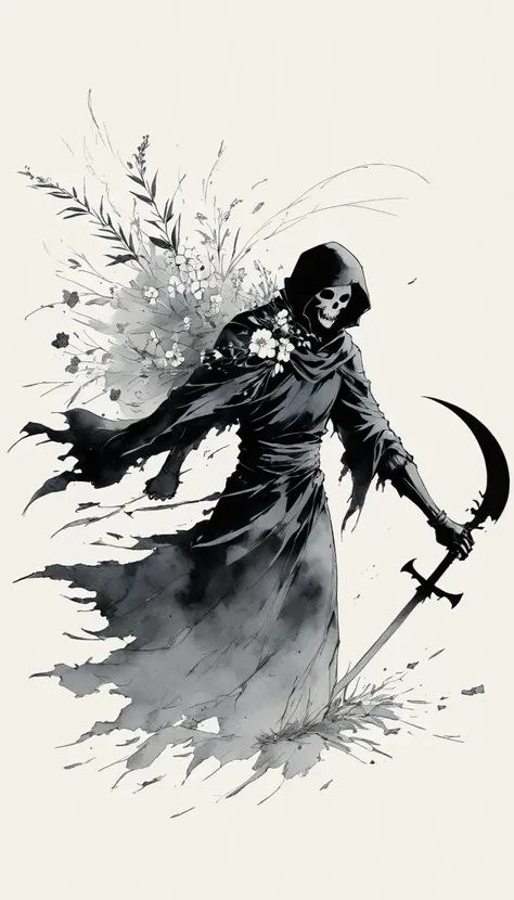 (Anime line drawing:1.5),grim Reaper,(Black and White:1.45),Minimalism,(Line Art:1.6),sketch,charcoal drawing,Black Grim Reaper,flower,Ominous Red,Blood splatter