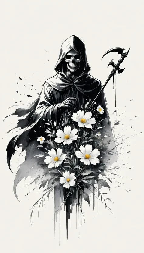 (Anime line drawing:1.5),grim Reaper,(Black and White:1.45),Minimalism,(Line Art:1.6),sketch,charcoal drawing,Black Grim Reaper,flower,Ominous Red,Blood splatter