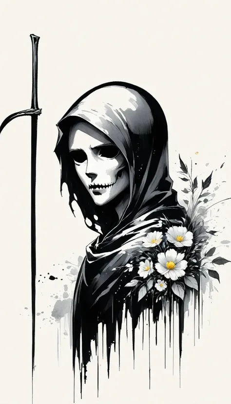 (Anime line drawing:1.5),grim Reaper,(Black and White:1.45),Minimalism,(Line Art:1.6),sketch,charcoal drawing,Black Grim Reaper,flower,Ominous Red,Blood splatter