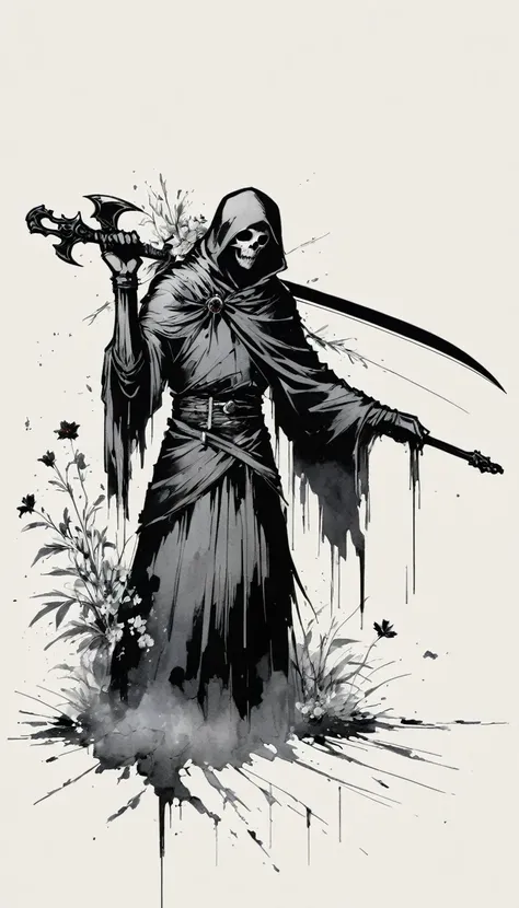 (Anime line drawing:1.5),grim Reaper,(Black and White:1.45),Minimalism,(Line Art:1.6),sketch,charcoal drawing,Black Grim Reaper,flower,Ominous Red,Blood splatter
