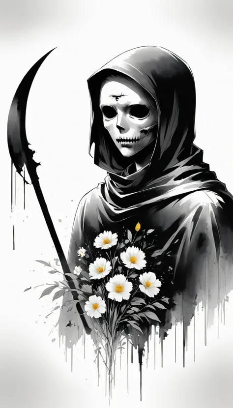 (Anime line drawing:1.5),grim Reaper,(Black and White:1.45),Minimalism,(Line Art:1.6),sketch,charcoal drawing,Black Grim Reaper,flower,Ominous Red,Blood splatter