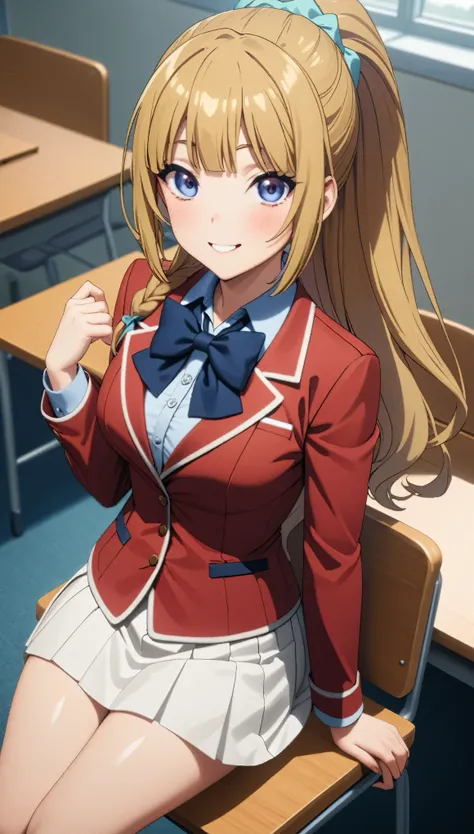 masterpiece, best quality, highres, ponytail hair, (single braid:1.2), hair ribbon, red jacket,buttoned blazer, blue bowtie, long sleeves, white skirt, smile,sitting on chair, from above, classroom