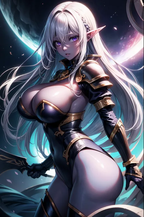 score_9、score_8_up、score_7_up、BREAK Rating_Problematic、
Fantasy、
solo、1 girl、Dark Elf Girl、(Navy blue skin:1.2)、Silver Hair、Purple Eyes、
Huge breasts、Huge Ass、
Partial nudity、
Grey Armor、Light Armor