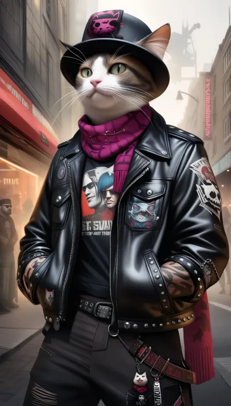 Cat with hat and scarf, Art Station Trends, Punk clothing, Detailed ultra-realistic rendering, British gang members, Street Style, intimidating pose, Planet of Cats, Trendy clothes, Urban Samurai, meow, West Slavic traits, 8 1 5, 