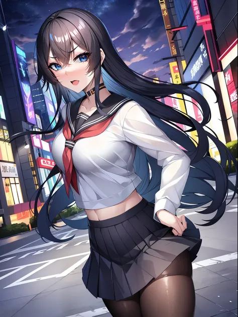 masterpiece、Best Quality、 1 Girl、 solo, cyber punk, 白pantyhose, Sister, Multicolored Hair, Outdoor, null, , wood, blue eyes, Gray Hair, Sailor collar, neckerchief, Unite, Striped Hair, skirt, eyebrows hidden by hair, nightnull, Look at the side, scar, 黒Sa...