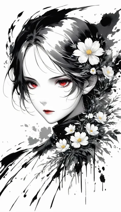 (anime line drawing:1.5)，(black and white:1.45)，minimalism，(line art:1.6)，sketch，charcoal drawing，black reaper，flower，ominous re...