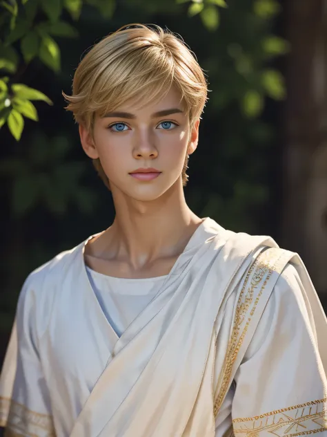 portrait, 1boy, 17 years old, wears greek toga, ancient greece, handsome, greek model, blonde boy, blue eyes, symmetrical, focus...