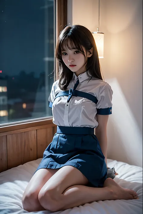 a cute girl is confined and tied up、in a room with the lights on at night、white under the blue skirt、red short sleeve shirt、sit ...