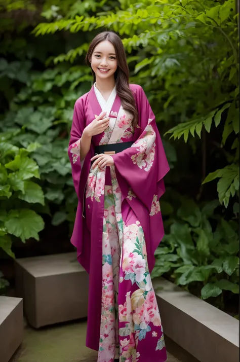 high quality,8k, 1girl, solo,smiling,slender ,standing ,wearing Kimono, in a botanic garden 