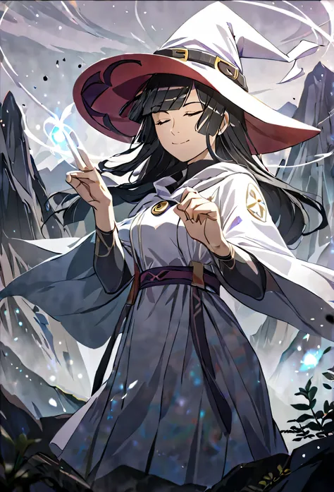 masterpiece,best quality, solo, eda, bangs, black hair, white clothes, mountains, high mountains,cloudy, mist she was wearing witch outfit, mountains background, witch suit, white dress, witch hat, she is a cosmic witch, smiling, closed mouth, calm, confid...