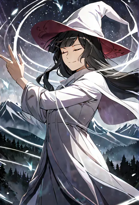 masterpiece,best quality, solo, eda, bangs, black hair, white clothes, mountains, high mountains,cloudy, mist she was wearing witch outfit, mountains background, witch suit, white dress, witch hat, she is a cosmic witch, smiling, closed mouth, calm, confid...
